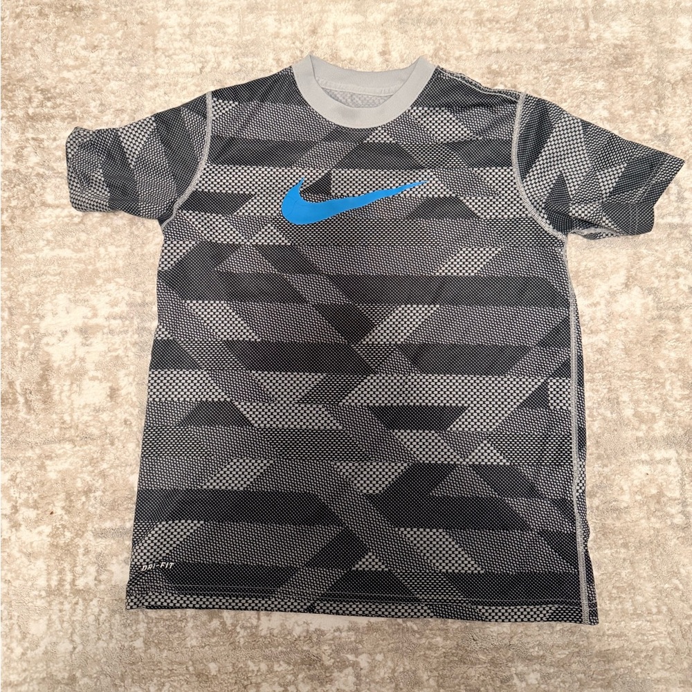 Nike Black & Gray Graphic Tee with Blue Swoosh Dri fit athletic cut size M